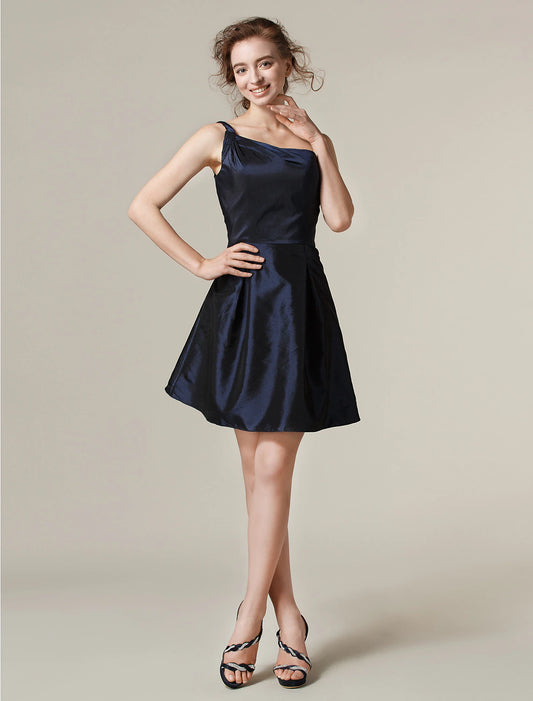 A-Line / Princess One Shoulder Short / Mini Taffeta Bridesmaid Dress with Pleats