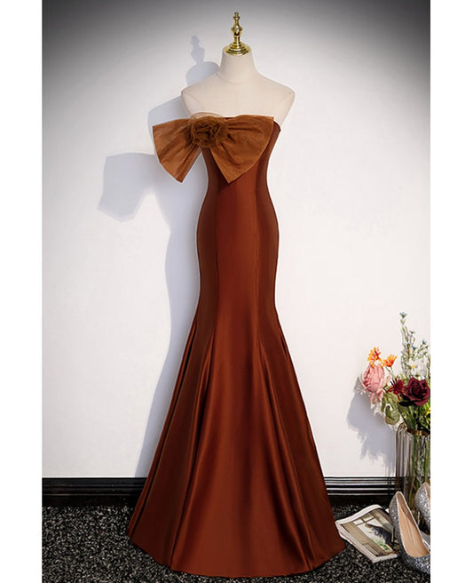 Unique and minimalist chocolate colored slim fit sleeveless off shoulder bow formal dress, chocolate colored mermaid strapless off back strap and floor length evening dress