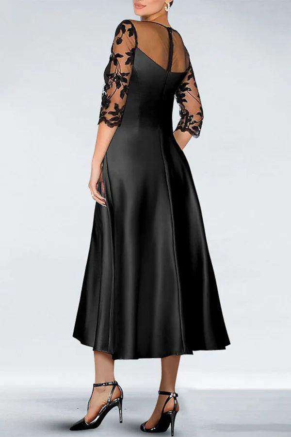 Unique satin A-line round half sleeved lace decal mother of the bride dress