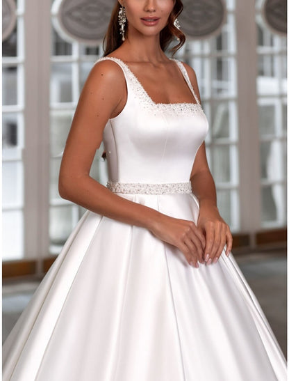 Reception Formal Wedding Dresses A-Line Square Neck Sleeveless Court Train Satin Bridal Gowns With Pleats Beading