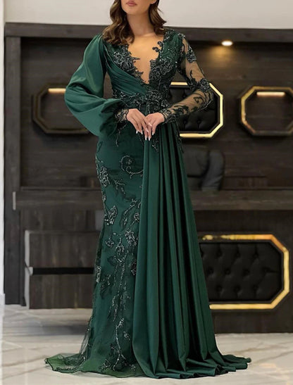 Mermaid / Trumpet Evening Gown Elegant Dress Formal Wedding Guest Floor Length Long Sleeve V Neck Fall Wedding Guest Lace with Appliques Pure Color