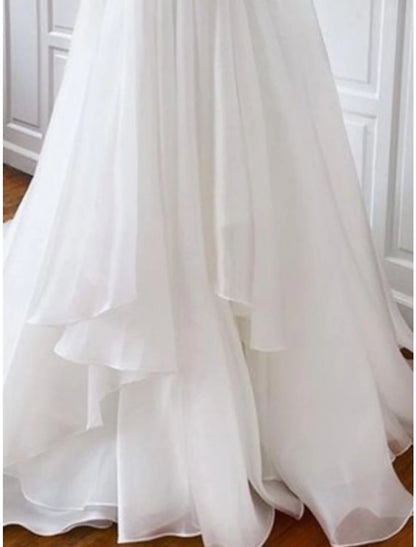 Simple Wedding Dresses Sheath / Column Camisole Sleeveless Court Train Chiffon Bridal Gowns With Pleats