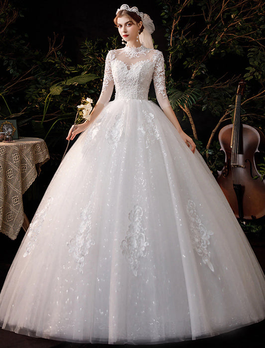 Reception Wedding Dresses Ball Gown High Neck Half Sleeve Floor Length Lace Bridal Gowns With Appliques