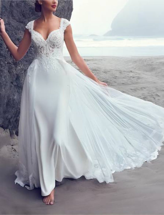 Beach Boho Wedding Dresses Mermaid / Trumpet V Neck Cap Sleeve Court Train Chiffon OverSkirts Bridal Gowns With Embroidery Appliques