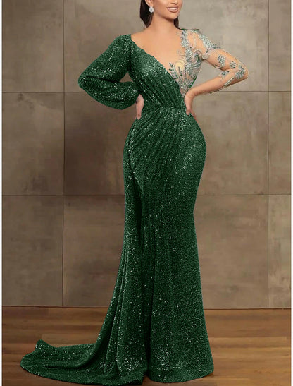 Sequin Mermaid / Trumpet Evening Gown Champagne Gold Elegant Dress Formal Red Green Dress Court Train Long Sleeve Illusion Neck Sequined with Pleats