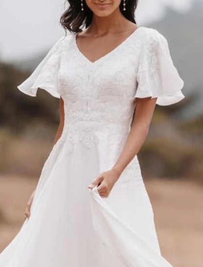 Little White Dresses Wedding Dresses A-Line V Neck Short Sleeve Floor Length Chiffon Bridal Gowns With Appliques