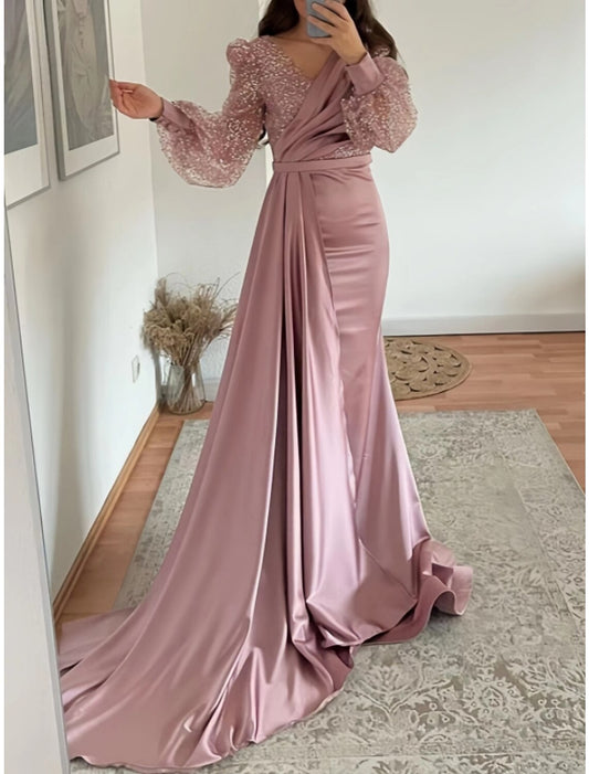 A-Line Evening Gown Elegant Dress Formal Fall Court Train Long Sleeve V Neck Satin with Glitter Pleats