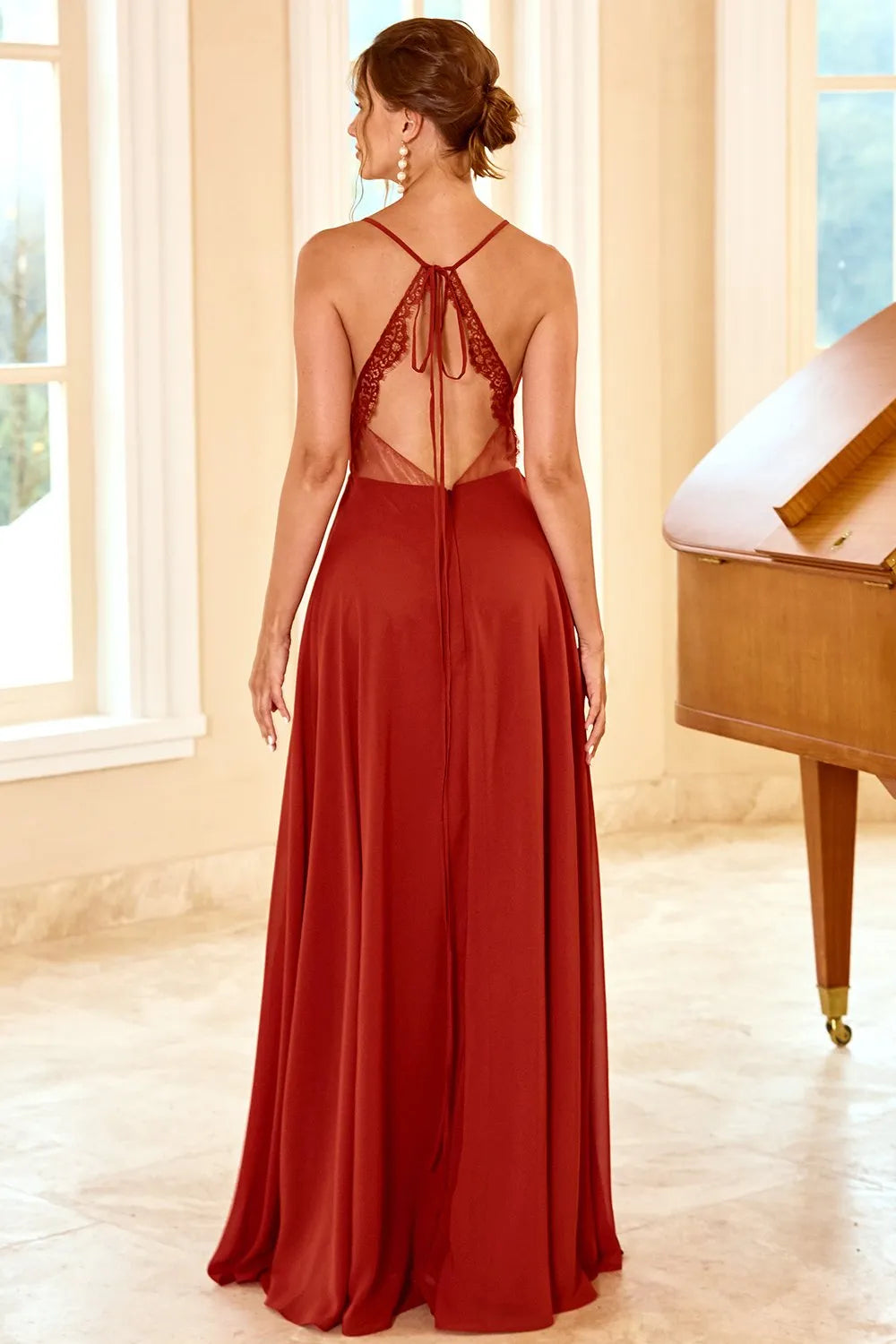 Rusty red thin shoulder strap backless and floor length bridesmaid dress