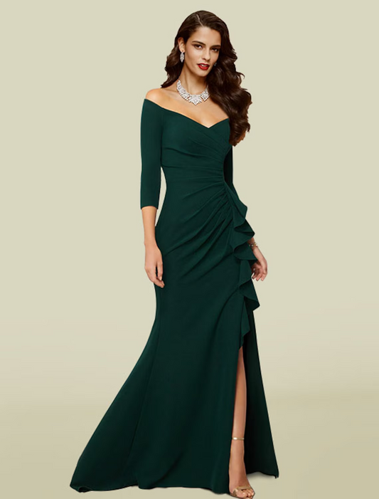 Mother of the Bride Dress Elegant Sexy Off Shoulder V Neck Stretch Fabric Sleeve with Draping Split Front