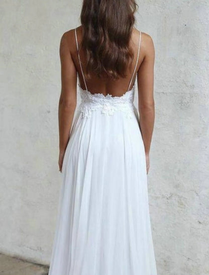 Beach Sexy Boho Wedding Dresses A-Line Sweetheart Camisole Spaghetti Strap Sweep / Brush Train Chiffon Bridal Gowns With Pleats