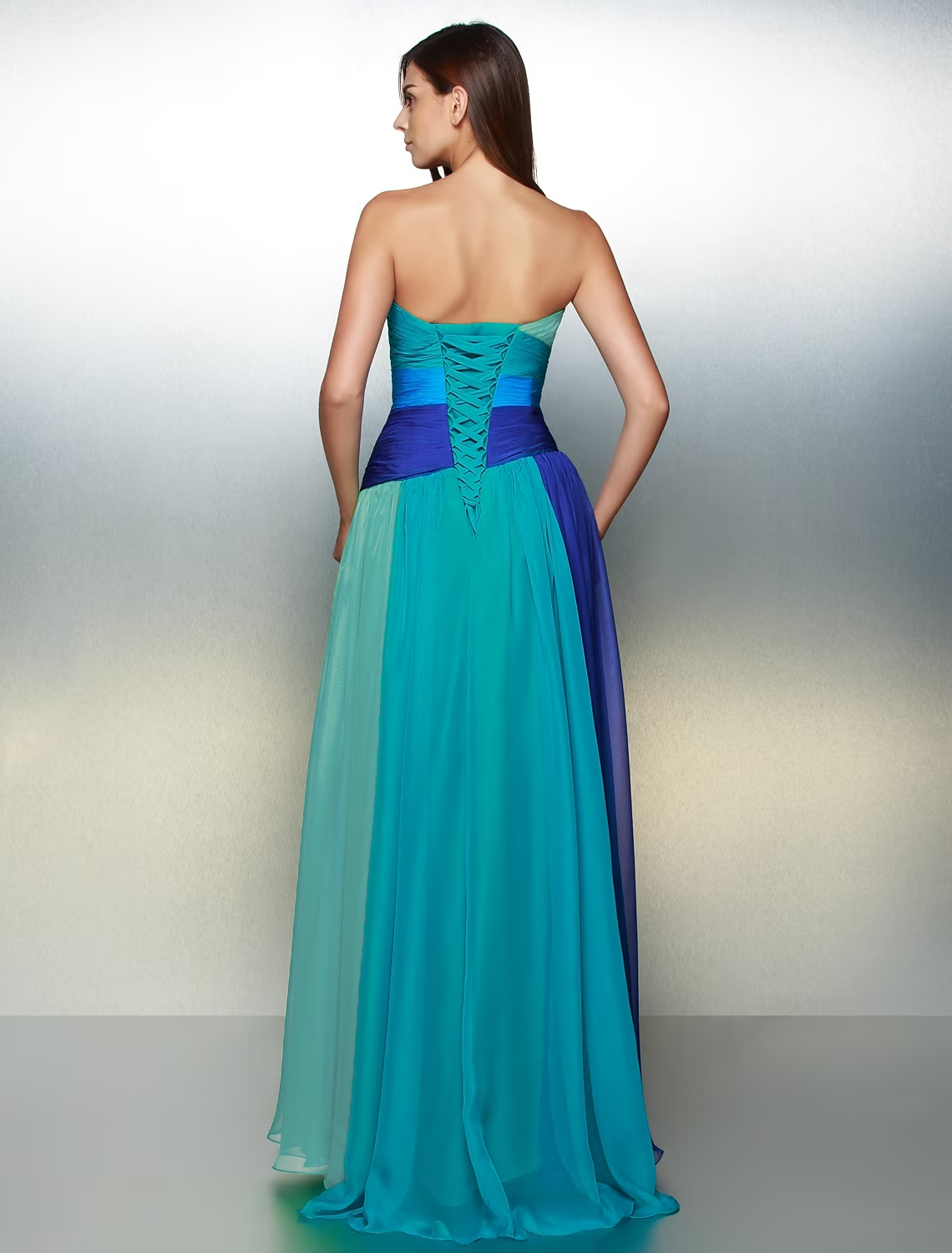 A-Line Color Block Dress Wedding Guest Floor Length Sleeveless Sweetheart Chiffon Backless with Ruched Crystals