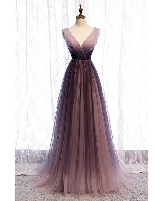 Unique/Beautiful Gradient Purple V-neck Sleeveless Belt Hanging Neck Long Evening Dress Gradient Purple Backless and Floor Long Evening Dress