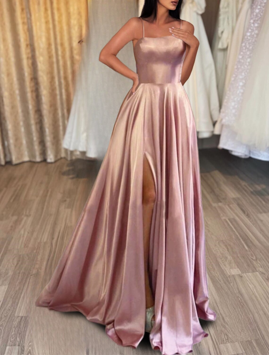 A-Line Evening Gown Backless Dress Formal Wedding Guest Sweep / Brush Train Sleeveless Spaghetti Strap Satin Backless with Slit