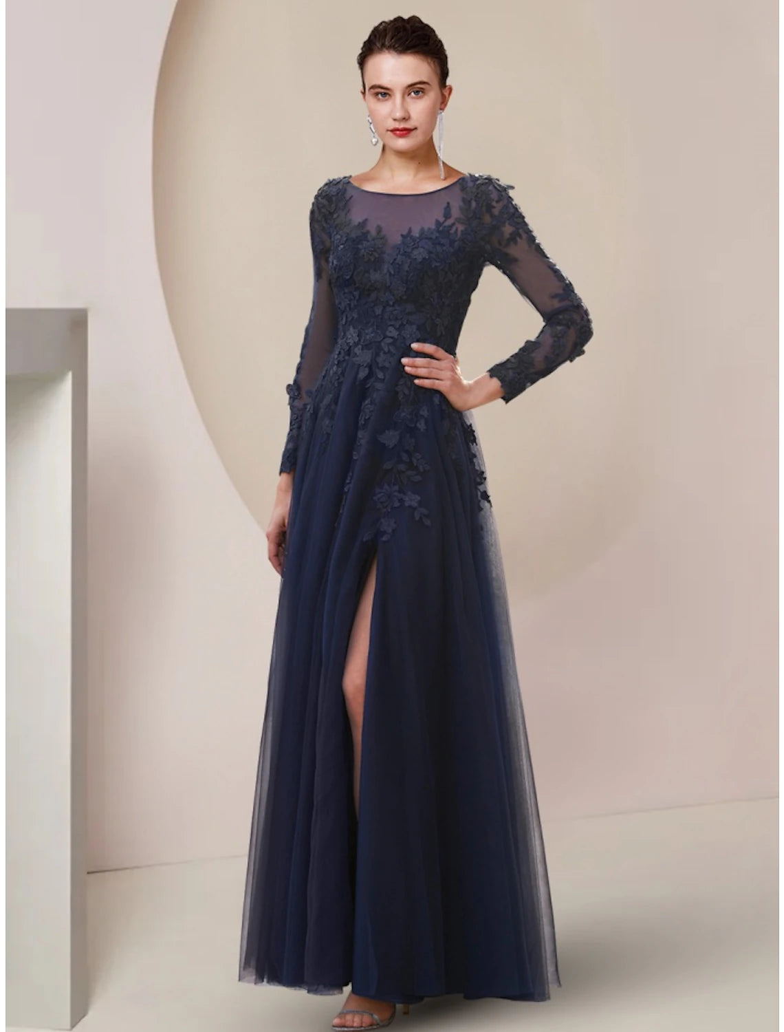 A-Line Mother of the Bride Dress Wedding Guest Elegant Scoop Neck Ankle Length Lace Tulle Long Sleeve with Split Front Ruching