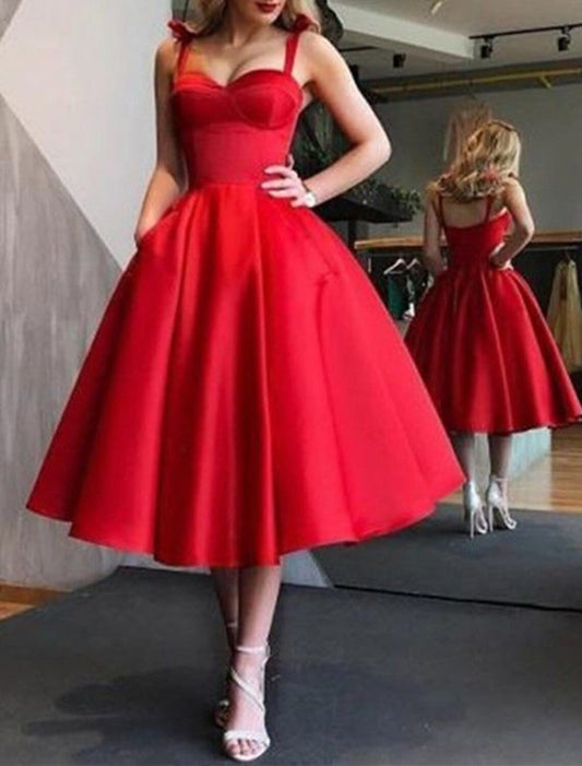 A-Line Homecoming Dresses Elegant Dress Holiday Graduation Tea Length Sleeveless Spaghetti Strap Pink Dress Satin with Pleats