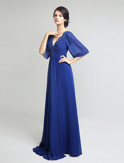 Sheath / Column V Neck Sweep / Brush Train Chiffon Mother of the Bride Dress with Beading