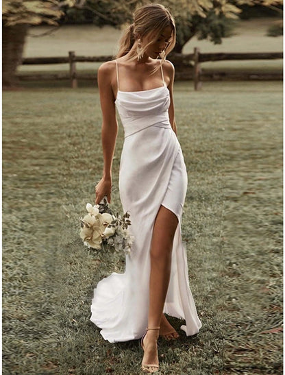 Beach Simple Simple Wedding Dresses Sheath / Column Square Camisole Spaghetti Strap Sweep / Brush Train Stretch Fabric Bridal Gowns With Ruched Split Front