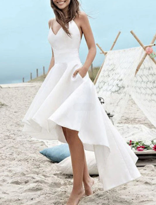 Beach Little White Dresses Wedding Dresses A-Line Camisole V Neck Spaghetti Strap Asymmetrical Satin Bridal Gowns With Pleats