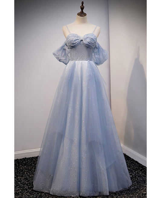 Charming and sweet sky blue beaded thin shoulder strap off the shoulder ball dress sky blue A-shaped sleeveless backless strap and ground length evening dress