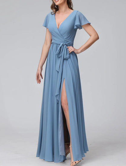 A-Line Bridesmaid Dress V Neck Short Sleeve Blue Floor Length Chiffon with Split Front / Ruching