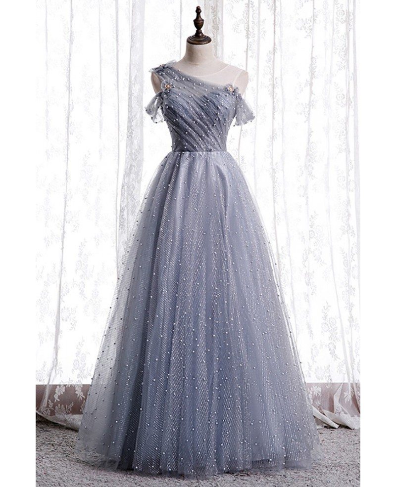 Elegant gray perspective round neck short sleeved pearl ball dress with pearl embellishments A-shaped glittering sheer long ruffled edge backless evening dress