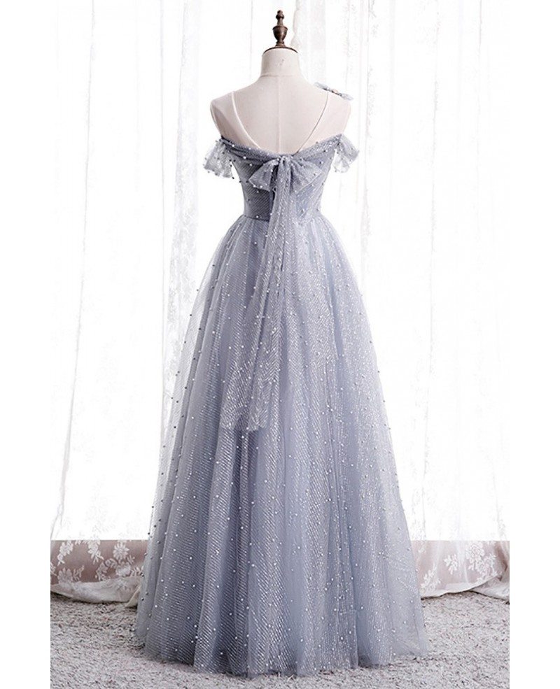 Elegant gray perspective round neck short sleeved pearl ball dress with pearl embellishments A-shaped glittering sheer long ruffled edge backless evening dress