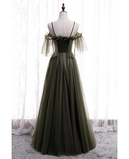 Noble gray green flower long shoulder strap off shoulder sheer dance dress gray green A-shaped off back sheer and floor length evening dress