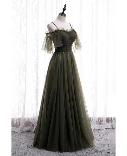 Noble gray green flower long shoulder strap off shoulder sheer dance dress gray green A-shaped off back sheer and floor length evening dress