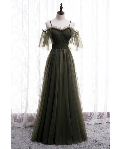 Noble gray green flower long shoulder strap off shoulder sheer dance dress gray green A-shaped off back sheer and floor length evening dress