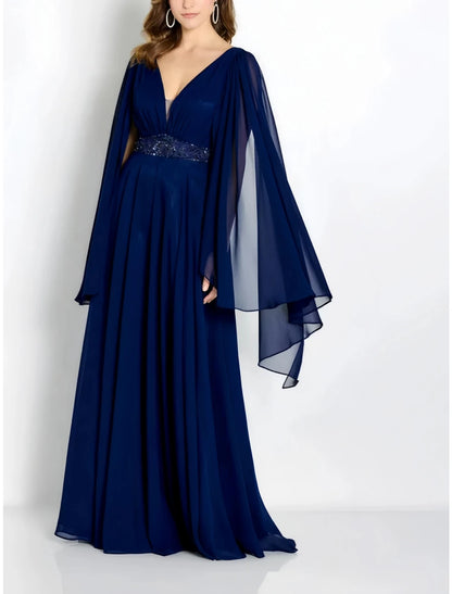 A-Line Mother of the Bride Dress Wedding Guest Party Elegant V Neck Floor Length Chiffon Long Sleeve with Pleats Crystals