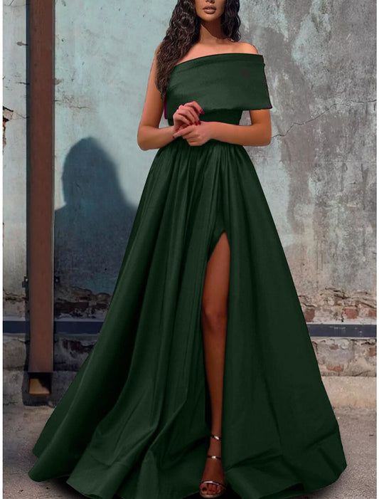 A-Line Prom Dresses Sexy Dress Party Wear Wedding Party Floor Length Short Sleeve One Shoulder Satin with Pleats Slit