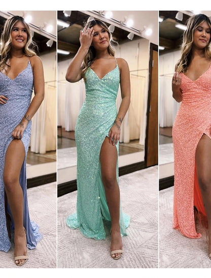 Mermaid / Trumpet Prom Dresses Sparkle & Shine Dress Formal Sweep / Brush Train Sleeveless V Neck Sequined Backless with Sequin Slit