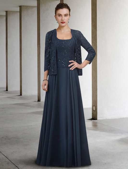 Two Piece A-Line Mother of the Bride Dress Elegant Floor Length Chiffon Lace Half Sleeve with Pleats