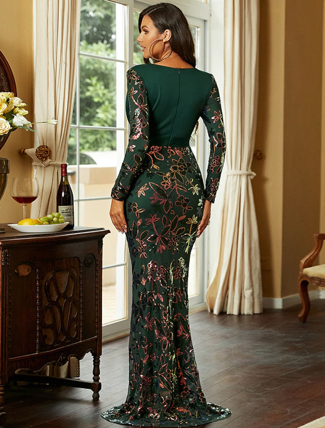 Evening Gown Sexy Dress Formal Floor Length Long Sleeve V Neck Polyester with Sequin