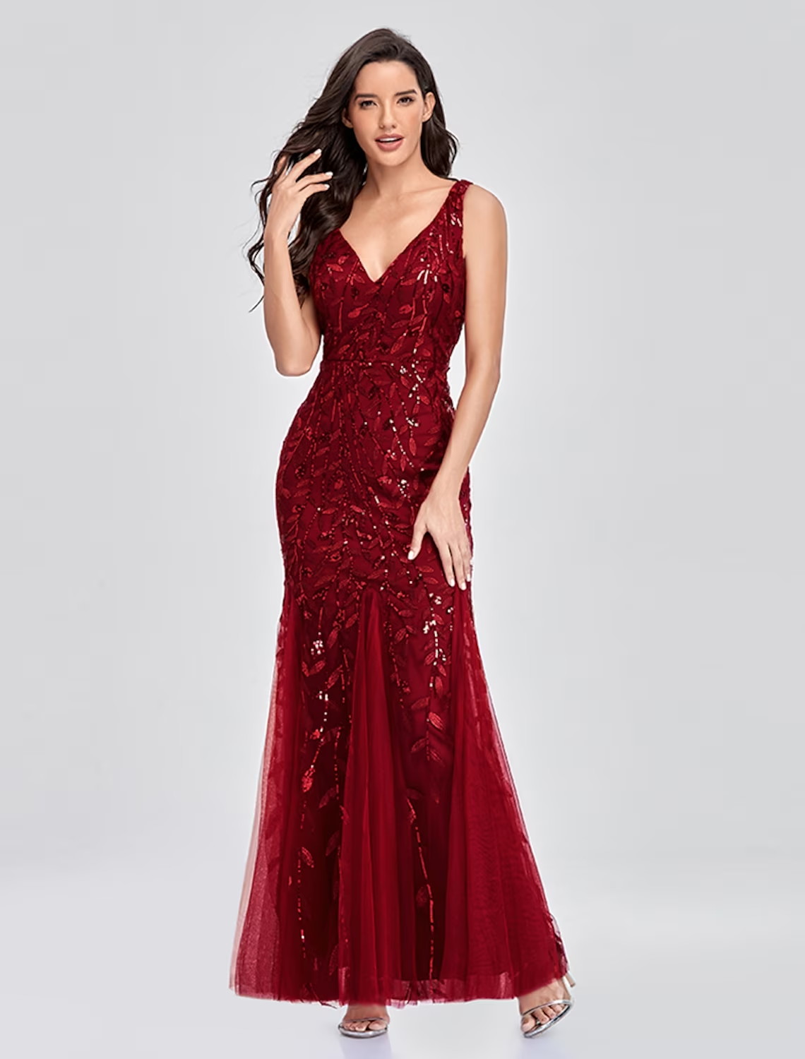 Empire Elegant Party Wear Formal Evening Valentine's Day Dress V Neck V Back Sleeveless Floor Length Tulle with Embroidery