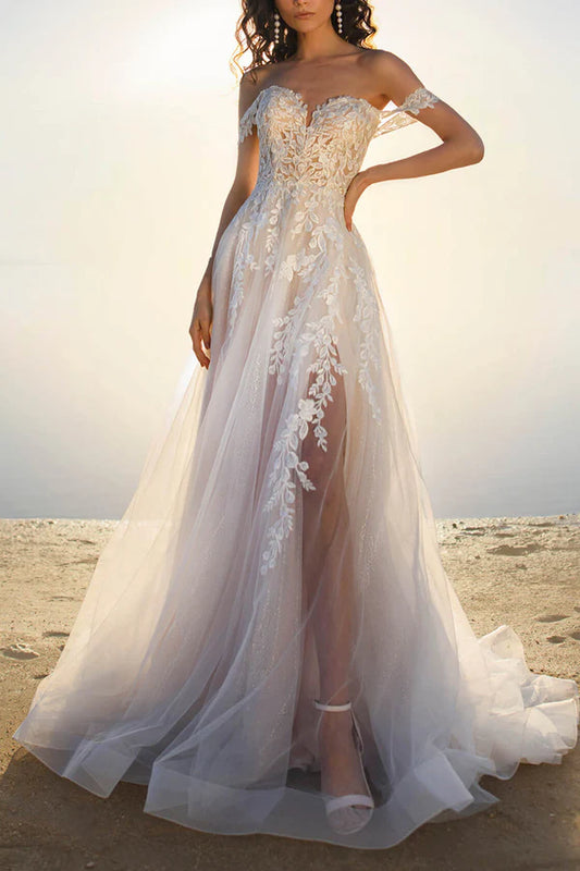 Shoulder Drop Lace Applique Princess Wedding Dress