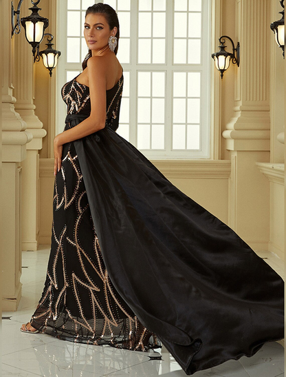 Evening Gown Sexy Dress Formal Court Train Long Sleeve One Shoulder Polyester with Sequin