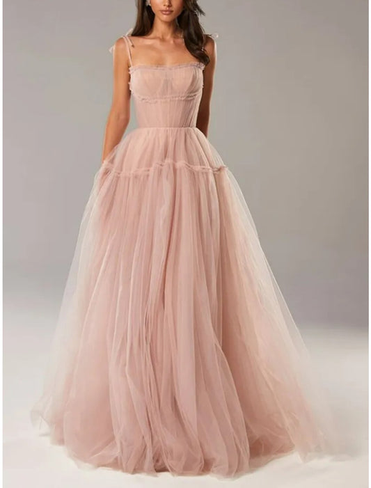 A-Line Evening Gown Elegant Dress Formal Floor Length Sleeveless Spaghetti Strap Tulle with Bow(s) Pleats