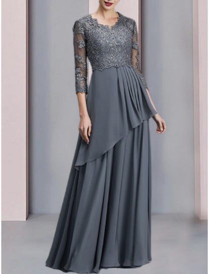 A-Line Mother of the Bride Dress Wedding Guest Elegant V Neck Floor Length Chiffon Half Sleeve with Lace Ruching