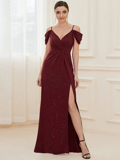 V-Neck Cold Shoulder Floor-Length Evening Dress