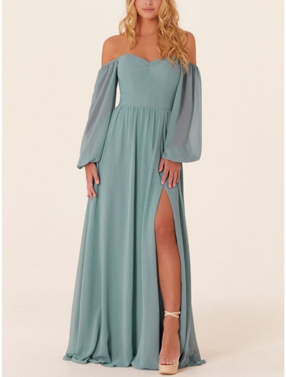 A-Line Bridesmaid Dress Square Neck Long Sleeve Elegant Sweep / Brush Train Chiffon with Split Front / Ruching