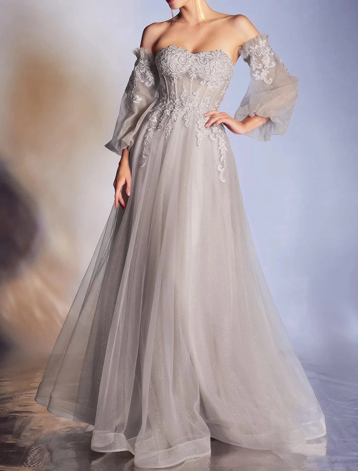 A-Line Prom Dresses Elegant Dress Formal Prom Floor Length 3/4 Length Sleeve Off Shoulder Lace Backless with Appliques