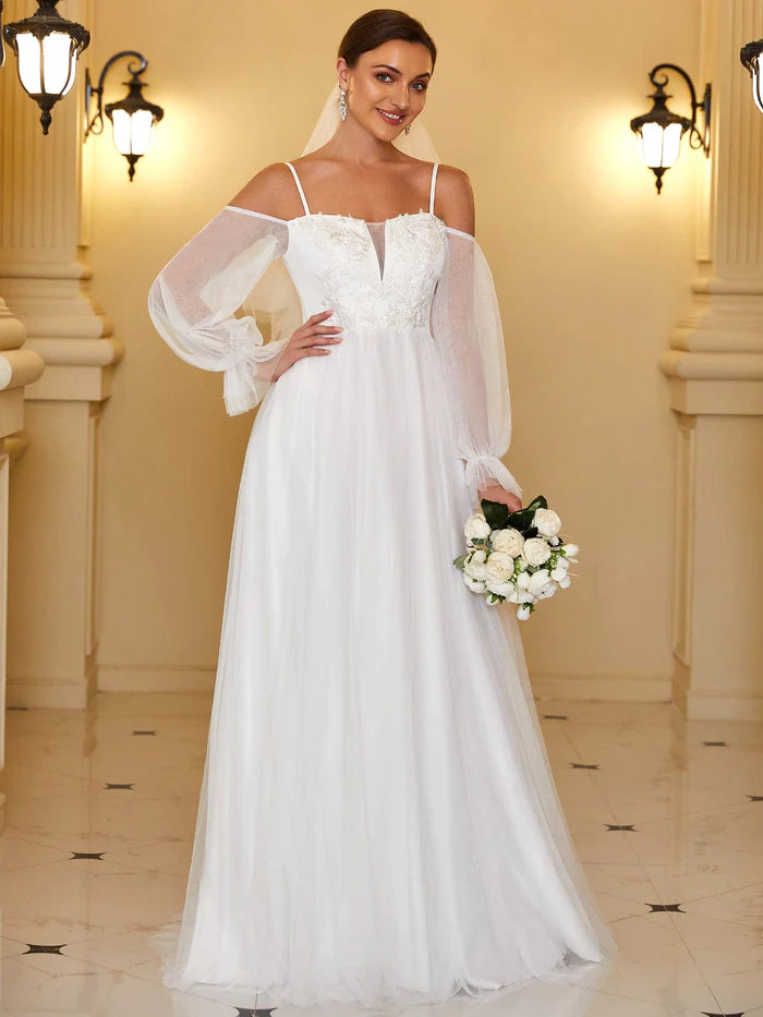 Boho Chic Cold Shoulder Lantern Sleeve Wedding Dress