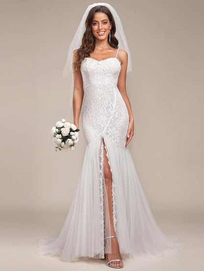 Spaghetti Strap Lace Backless Long Fishtail Wedding Dress