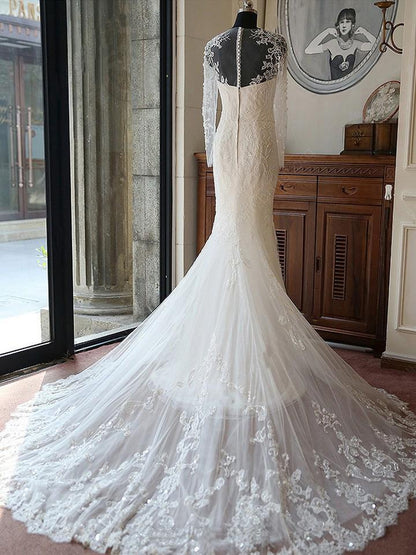 Elegant Mermaid Scoop Neck Tulle Beads Lace Appliques Chapel Train Long Sleeve Wedding Dress