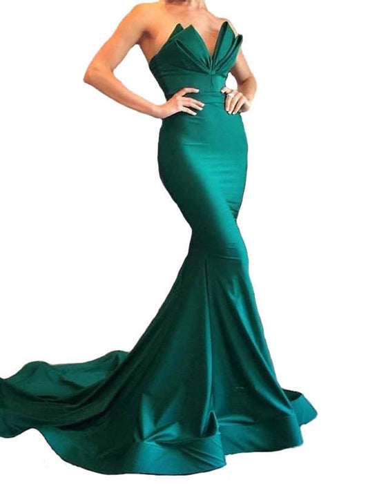 Mermaid Red Green Dress Evening Gown Beautiful Back Dress Formal Evening Court Train Sleeveless Sweetheart Matte Satin Backless with Draping