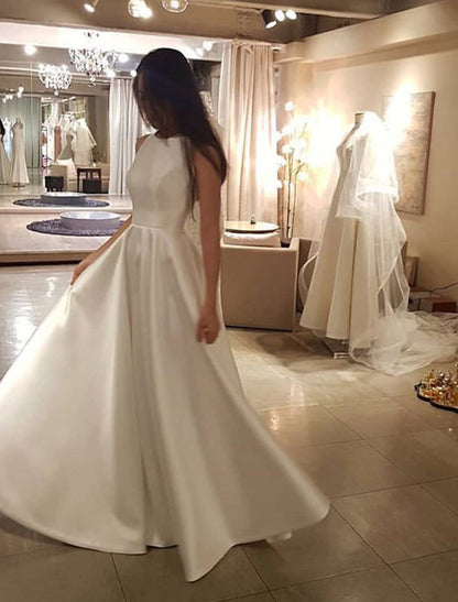 Reception Casual Wedding Dresses A-Line Scoop Neck Sleeveless Sweep / Brush Train Satin Bridal Gowns With Solid Color