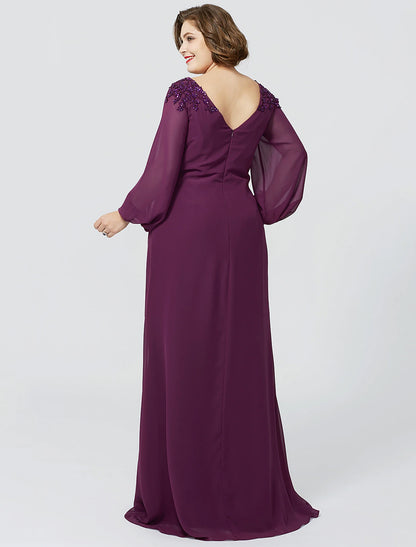 Sheath / Column Mother of the Bride Dress Formal Classic & Timeless Elegant & Luxurious Plus Size Bateau Neck Floor Length Chiffon Long Sleeve No with Beading Appliques