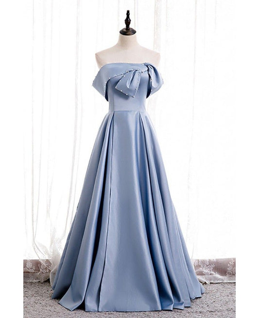 Elegant plain sky blue satin top, sleeveless beaded pearl ball dress, sky blue A-shaped ruffled edge, backless and ground length evening dress