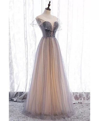 Beautiful Gradient Purple Champagne Perspective Short sleeved Beaded Ball Dress Gradient Princess Neck Sequin sheer ruffle edge backless and ground length evening dress
